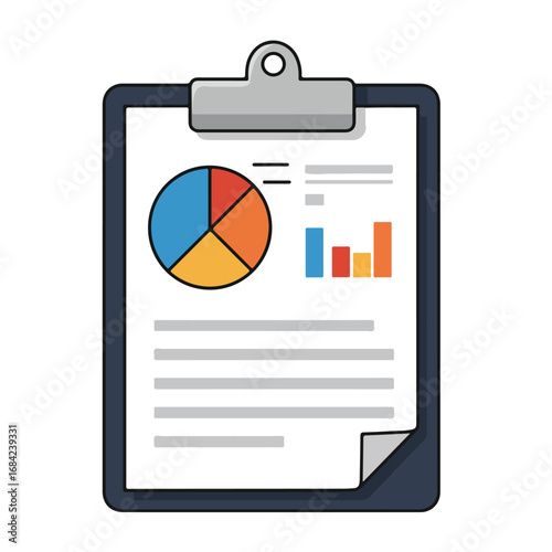 Clipboard with financial data pie chart and bar graph