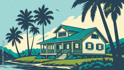 Tropical House by the Water Palm Trees Vacation Home Illustration Coastal Property Summer Retreat Design.