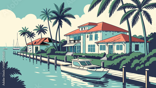 Tropical waterfront house with boat palm trees and canal illustration.