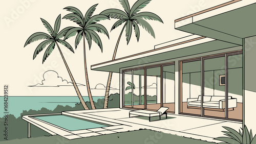 Tropical modern house illustration ocean view palm trees pool lounge chair summer vacation idyllic seaside home minimalist design tranquil scene coastal living architecture drawing holiday getaway be.