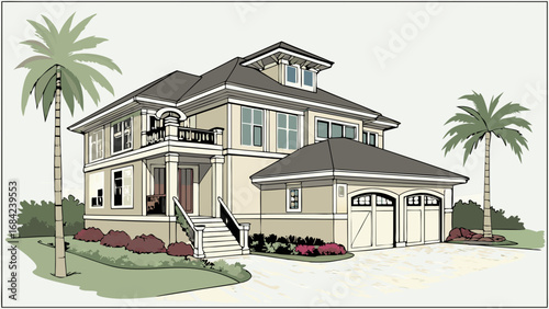 Two-story house architectural drawing with palm trees and landscaping.