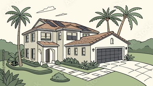 Two-Story House with Solar Panels Palm Trees and Garage Illustration.