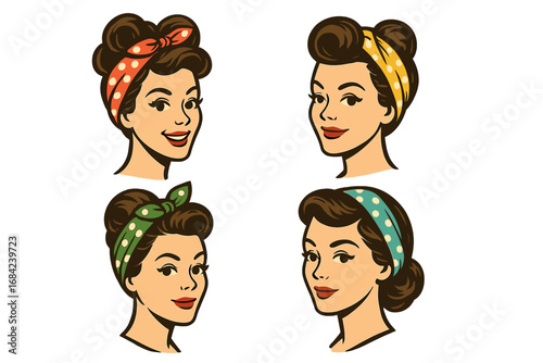 Set of retro woman portraits. 1950s rockabilly pinup girl with vintage hairstyle and polka dot bandana. Classic American housewife character head for logo or avatar design.