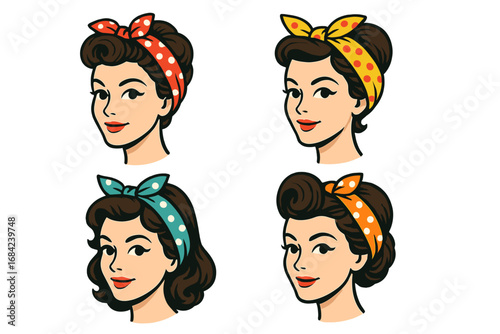 Set of retro woman portraits with vintage hairstyles and colorful polka dot bandanas. 1950s pin-up girl face collection. Rockabilly beauty fashion vector illustration for logo or avatar.