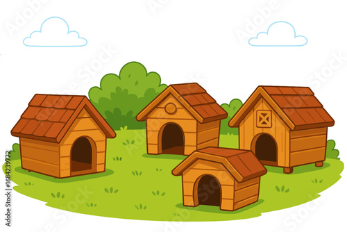 Set of wooden dog houses in various styles. Outdoor pet shelter collection. Canine kennel vector cartoon illustration. Animal home concept for domestic pets on green lawn.