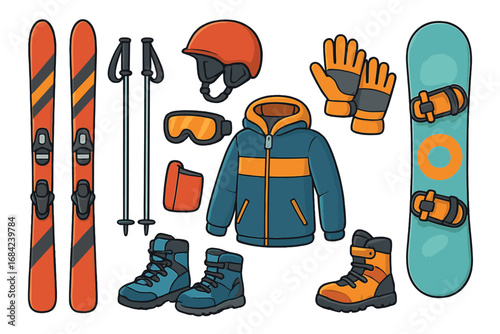 Vector set of ski and snowboard equipment. Winter sports gear illustration with jacket, helmet, goggles, gloves, boots, skis, and snowboard. Flat cartoon design elements.