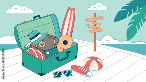 Vacation Luggage Packed for Summer Beach Trip with Surfboard and Beach Ball Illustration.