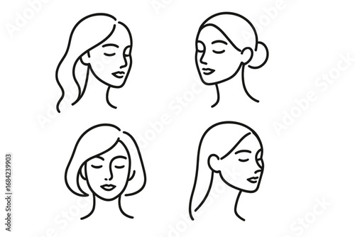 Minimalist line art women's faces. Abstract female head portrait collection. Concept for beauty salon, spa, cosmetics, skincare, fashion. Elegant continuous line drawing.