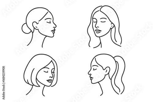 Set of minimalist line art women's faces. Abstract female portraits with different hairstyles. Vector for beauty salon, spa, cosmetics logo. Elegant simple profile icons.