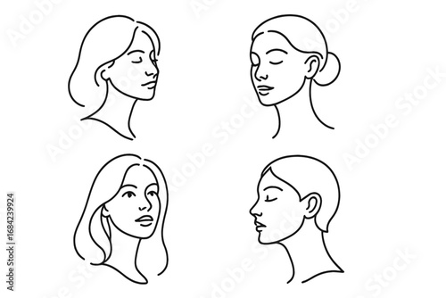 Minimalist woman face line art. Set of abstract female portraits with different hairstyles. Elegant simple vector illustration for beauty salon, spa, cosmetics, logo. Modern outline.
