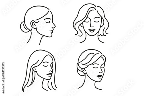 Set of woman face line art. Collection of female portraits with various hairstyles. Minimalist vector illustration for beauty salon, spa, cosmetics, logo, icon, avatar.