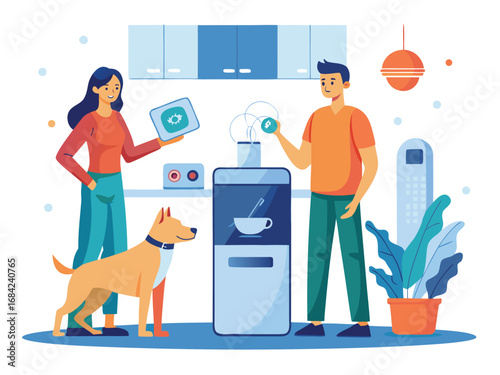 Couple and dog enjoying smart home technology and refreshments in modern kitchen