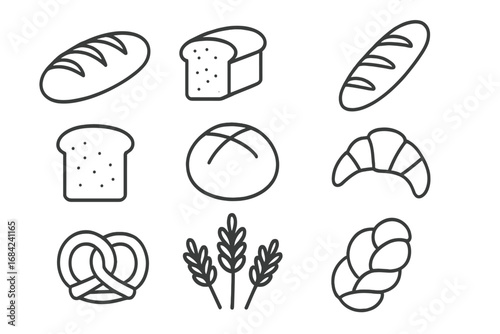 Minimalistic Linear Icon Set of Various Bread Types and Wheat Elements for Bakery, Food, Cooking, and Culinary Design, Vector Cartoon Illustration for Web, Apps, Banners, and Social Media