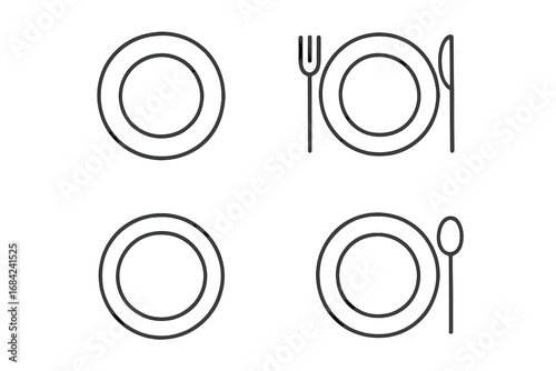 Simple linear icon of plates and cutlery set, minimalistic black outline plate, fork, knife, and spoon pictogram for web design, apps, banners, social media, and graphic cards