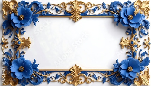 Ornate floral frame with gold trim and blue flowers.  A decorative border