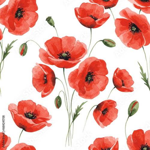 Vibrant red poppies seamless pattern detailed watercolor floral background transparent background