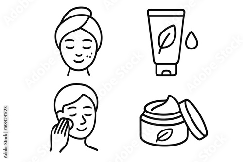 Skincare icons set with facial treatment, natural cream, moisturizing lotion, beauty care routine, personal hygiene vector illustrations, thin line style, isolated transparent background