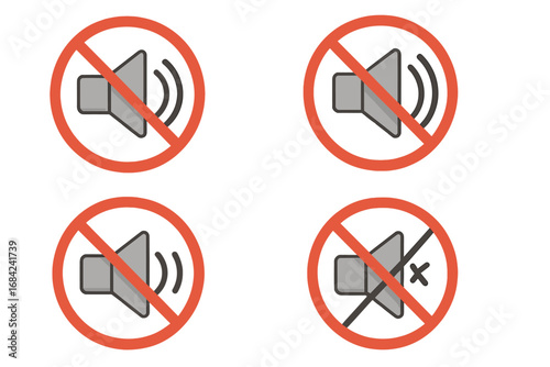 Muted speaker icon prohibited no sound symbol, vector cartoon illustration set, silent audio warning for interface, posts, advertisements, sound off icons, transparent background