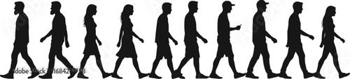 Silhouette vector illustration of diverse group of men and women walking in a line, showing casual movement and lifestyle outdoors.