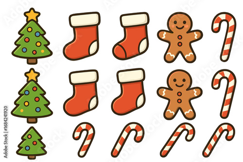 Cute Christmas icon collection. Vector cartoon illustration set of festive holiday elements. Tree, stocking, gingerbread man, candy cane. Simple flat design graphic elements.
