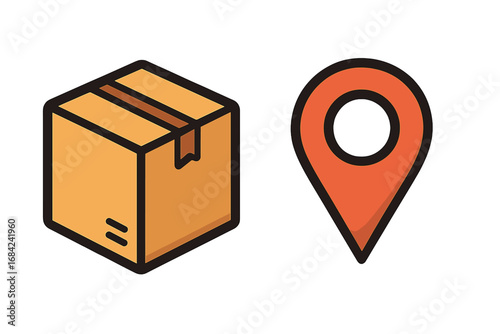 Thin Icon of Box in Gear Cogwheel Over Delivery Truck Concept, Logistics, Shipping, Transport, Package, Parcel, Ecommerce, Vector Cartoon Illustration with Transparent Background