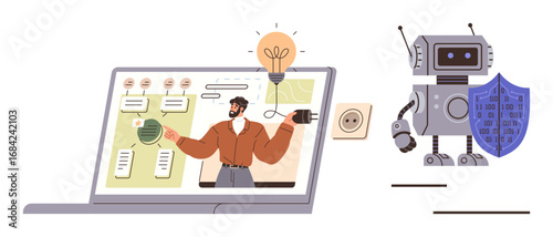 Laptop showing man sharing ideas with AI robot holding a shield, symbolizing automation, innovation, AI learning, cybersecurity, teamwork, power connection, and digital protection. Ideal