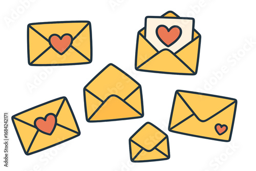Set of cartoon love letters. Vector envelopes with hearts for Valentine's day. Mail message icon collection. Flat romance communication concept. Isolated cute doodle illustration.
