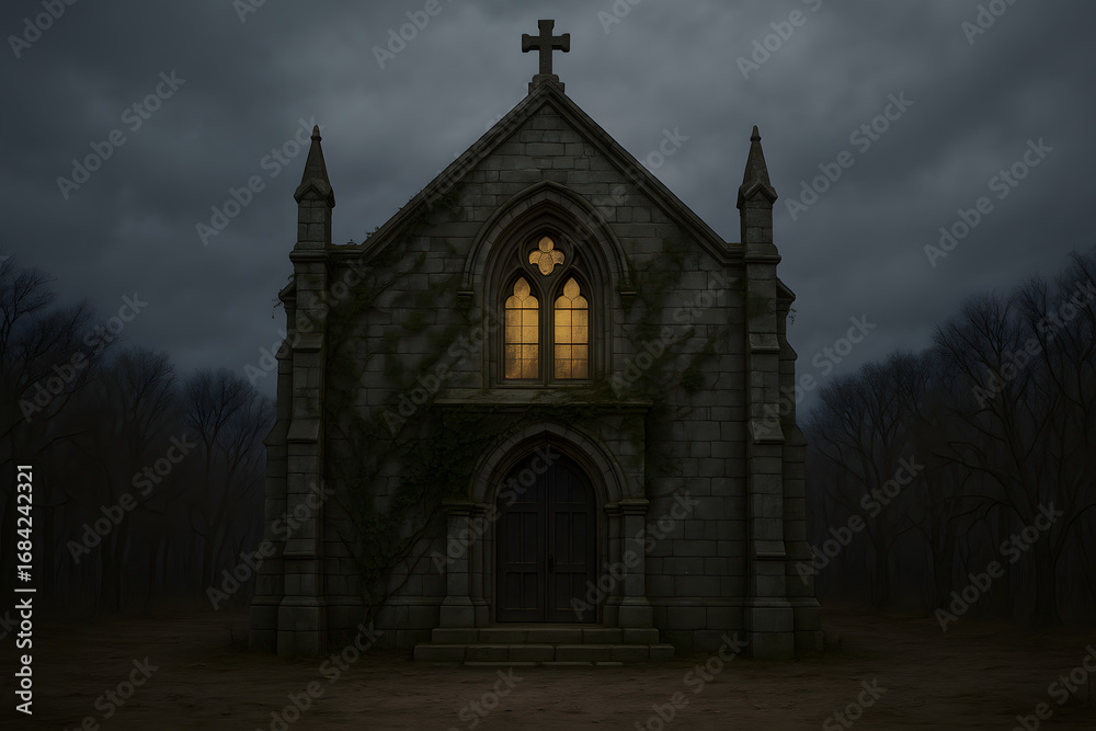Fototapeta premium Historic Abandoned Chapel – Ivy Traces on Facade with Dramatic Glow from Single Window