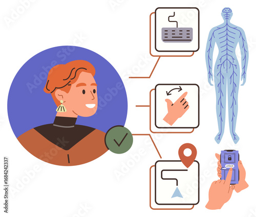 Person analyzing connections between human nervous systems, tech outputs thumbs up keyboards and navigation. Ideal for digital health, human interaction, innovation, neuroscience, navigation, user