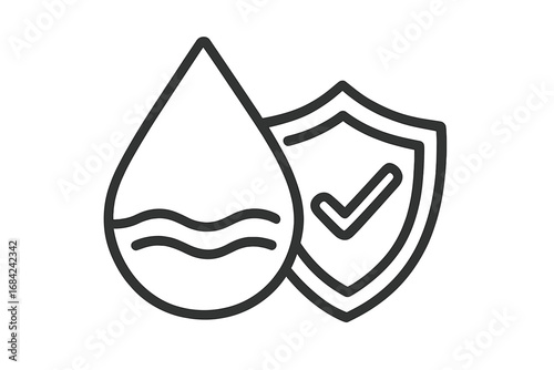 Water Drop and Shield Icon, Protection Concept, Safety Symbol, Liquid Security, Clean Water Assurance, Vector Line Illustration for Design, Advertising, Apps, Books, Graphics
