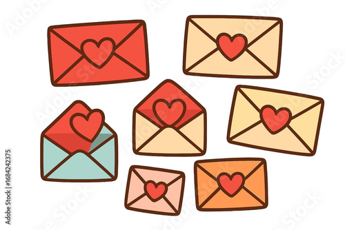 Vector set of cute cartoon love letters. Envelopes with heart stamps for Valentine's Day greeting. Romantic mail message illustration. Communication, feelings concept isolated.