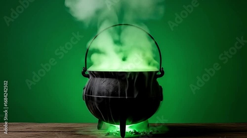 Mysterious cauldron bubbling with vibrant green potion for magical Halloween fun