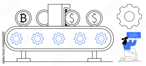 Conveyor belt producing Bitcoin, dollar coins, accompanied by gears and a coder working with technical development. Ideal for fintech, cryptocurrency, automation, blockchain, finance, coding simple