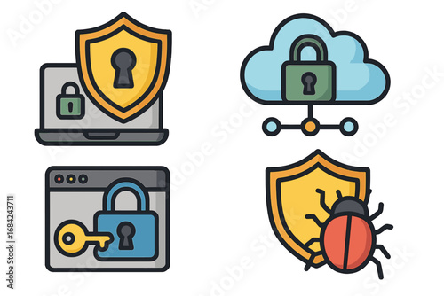 Cybersecurity icon set. Cloud computing security, data protection, and antivirus software. Secure login, network safety, malware bug, and virus shield. Vector cartoon icons.