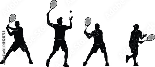 Silhouette vector of male tennis players hitting, serving, and running with rackets and balls, showing dynamic sports action scenes.
