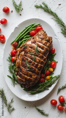 overhead,pork,roasted,protein,serving,white,cooking,baked,food,cuisine,dish,vegetables,meal,kitchen,clean,top,view,dinner,meat,plate