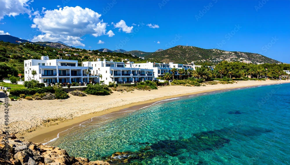 Obraz premium Beachfront resort complex. Sunny Mediterranean scenery