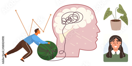 Man untangling yarn symbolizing mental organization near brain cutout, plant, and smiling woman portrait. Ideal for mental health, problem-solving, self-improvement, mindfulness, creativity
