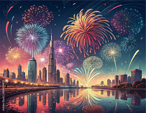 Colorful Fireworks Over City Skyline