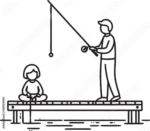 Monochrome Illustration of Father and Daughter Fishing on a Pier Together in Simple Black and White Style