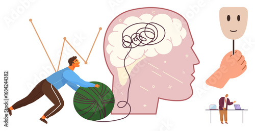 Man pushing tangled ball of yarn next to brain, mask, and thoughtful person at desk. Ideal for mental health, problem-solving, resilience, therapy, personal growth, determination simple flat