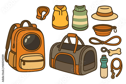 Set of pet travel essentials with stylish carriers. Backpack, bag, outfits, hat, leash, collar, bowl and accessories for adventure. Dog and cat travel items vector icons.