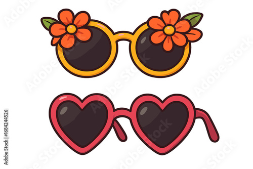 Set of stylish summer sunglasses with flower and heart shape. Trendy retro 70s hippie eyewear for festival. Cute romantic love glasses. Vector cartoon illustration isolated.