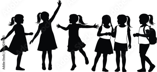 Silhouette vector of six playful girls in different poses, showing friendship, childhood joy, school life, and active young girls outdoors.
