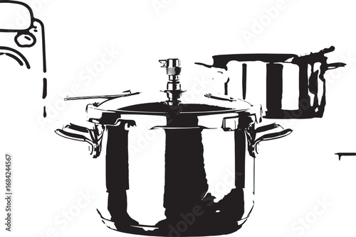 Monochrome pressure cooker kitchen appliance vector illustration for cooking preparation and kitchenware showcasing stainless steel design