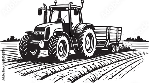 Monochrome Tractor and Trailer Plowing Field Illustration Agricultural Vehicle Working the Land Farming Machinery Vector Image