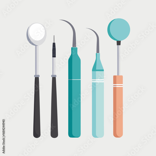 Collection of dental instruments for oral hygiene and examination