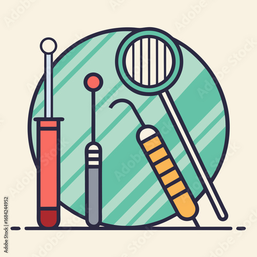 Flat design illustration of dental instruments and tools