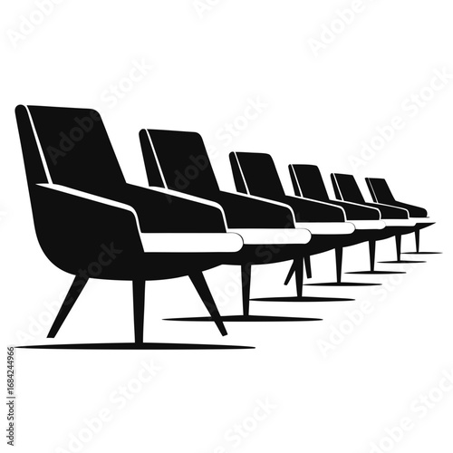 Row of modern black chairs with white accents on a white background