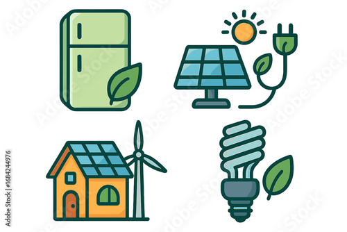 Set of eco friendly icons. Sustainable home concept. Green energy, solar panel, wind turbine. Energy efficient appliance, light bulb. Renewable resource vector illustration.